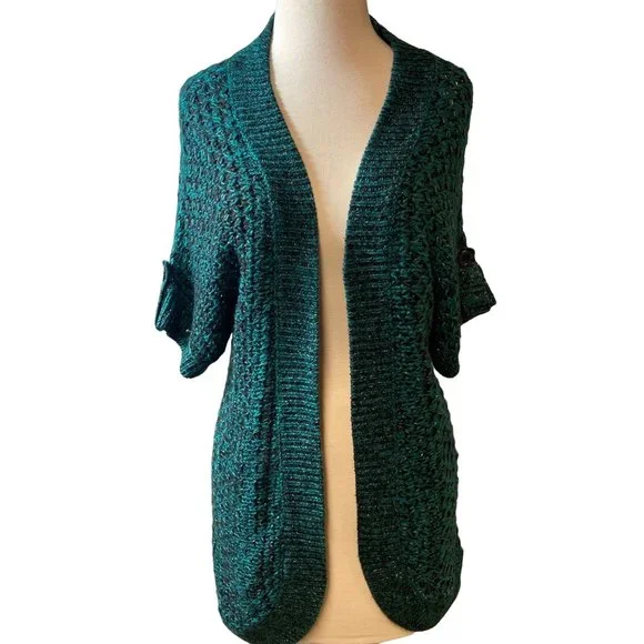 Cato Women Large Short Sleeve Sweater Open Front Roll Tab Decorative Sleeve - Picture 1 of 14